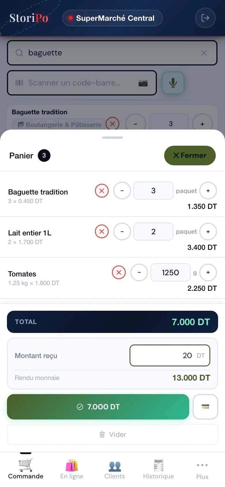 Storipo : le panier encaissé et la monnaie à rendre