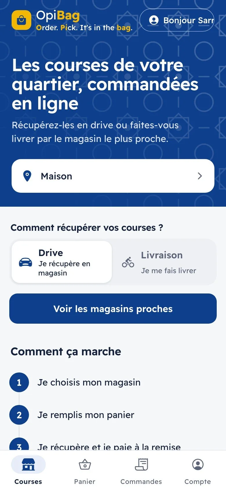 OpiBag : l'accueil, choisir le drive ou la livraison