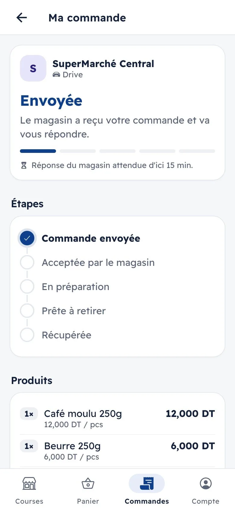 OpiBag : la commande envoyée, en attente de la réponse du magasin
