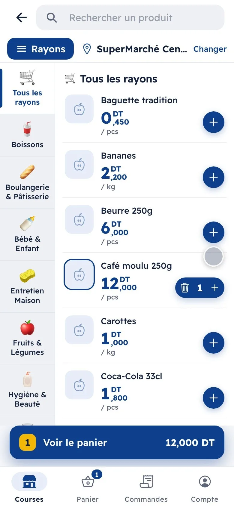 OpiBag : les rayons du magasin et le panier