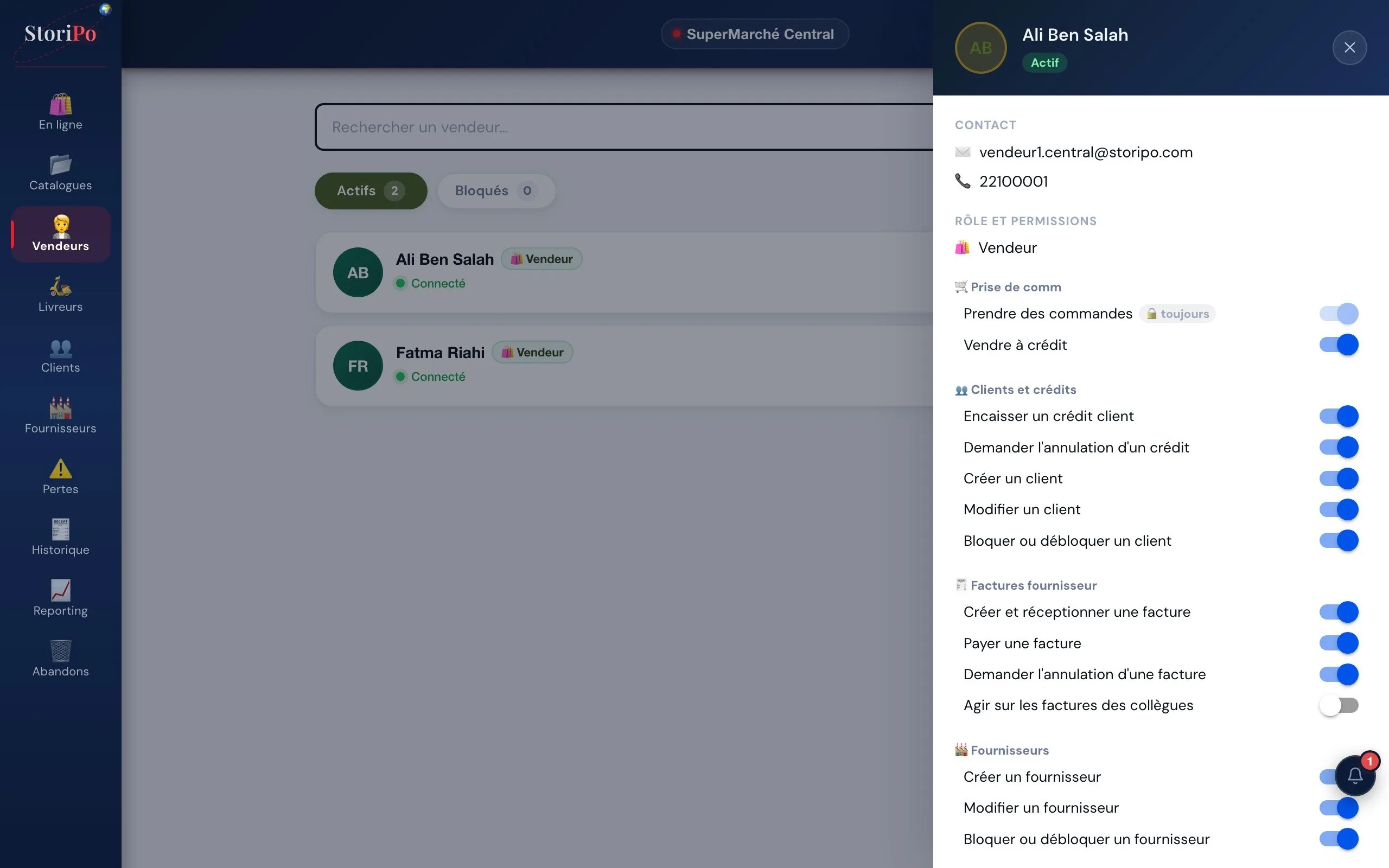 Storipo : les permissions d'un vendeur, réglées une par une